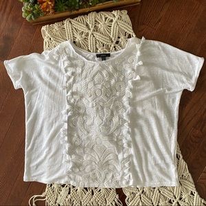 J. Crew | linen embroidery and tassels top